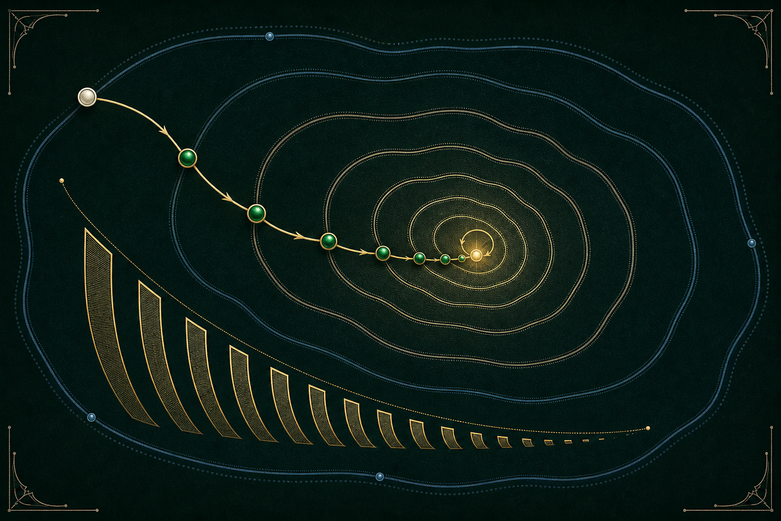 One emerald chain of iterates crosses nested cobalt complete-space contours toward a luminous gold endpoint, with successive gaps and their comparison arcs shrinking geometrically.