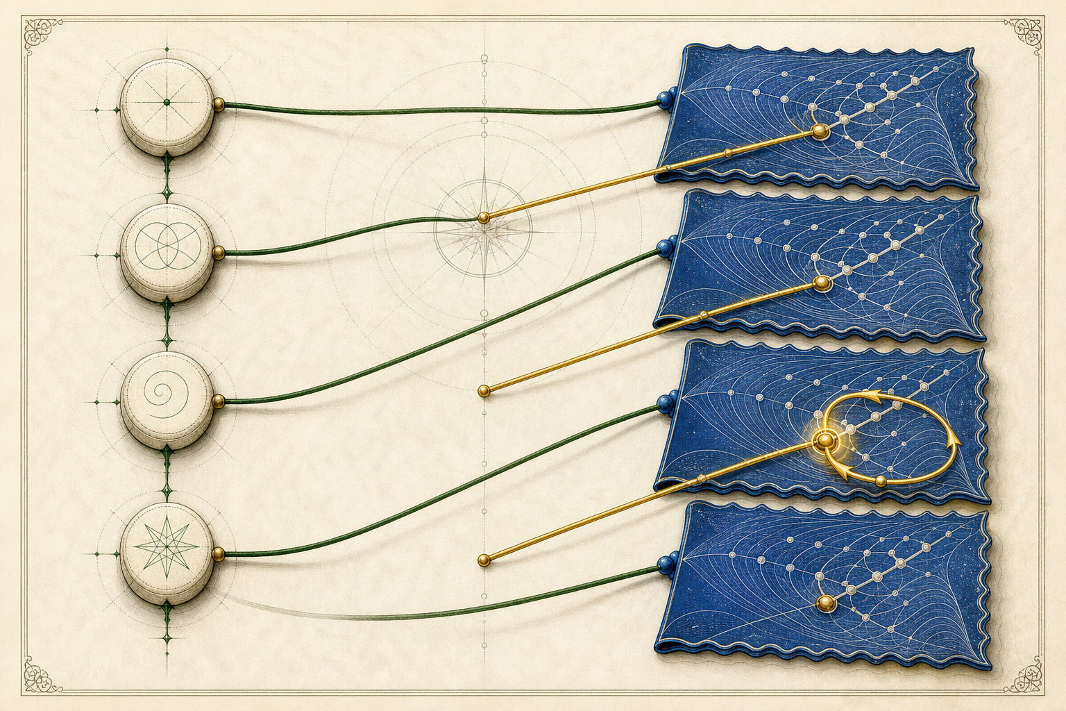 An engraved green source constellation maps into a cobalt folio while one recurring gold diagonal thread selects a candidate fixed point.