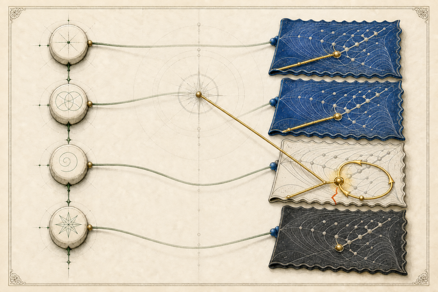 The same green constellation, cobalt folio, and gold diagonal thread culminate in an ivory-to-charcoal complement reversal marked by one restrained red fracture.