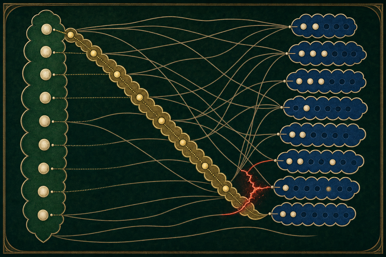 A green source constellation maps into layered cobalt subsets while one recurring gold diagonal subset escapes through a single restrained red contradiction fracture.