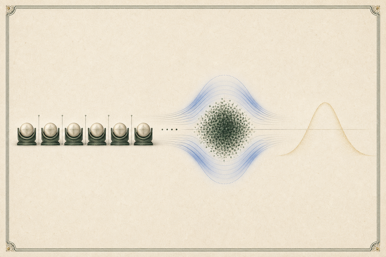 Equal ivory sample beads pass through forest-green independence separators into one cobalt normalized cloud with a faint gold Gaussian destination contour.