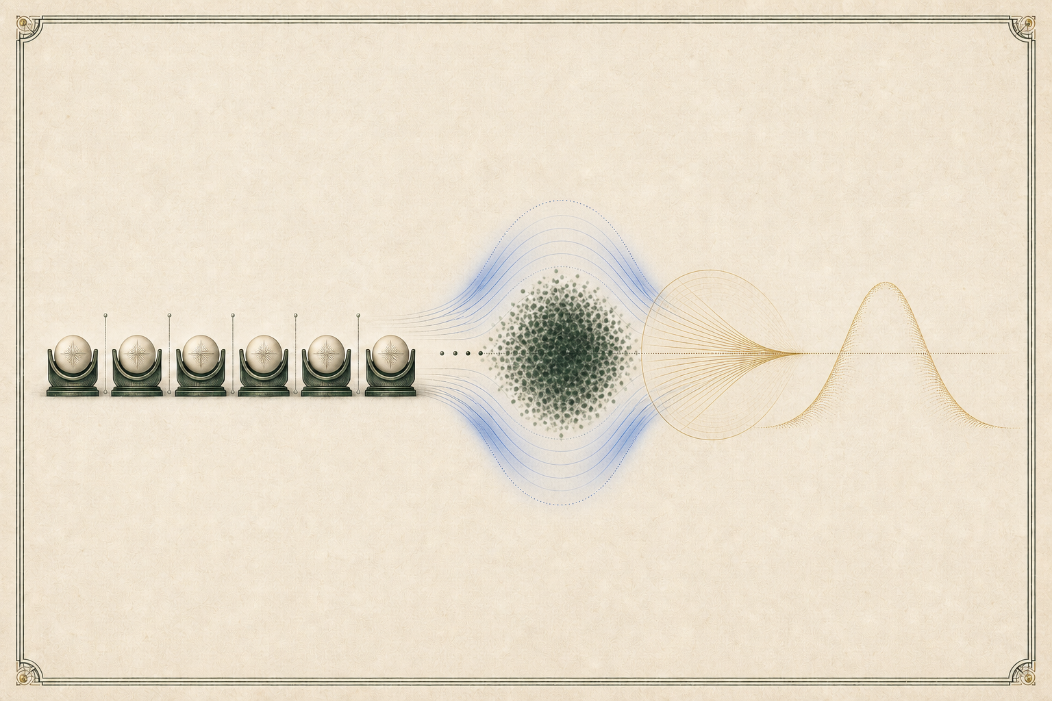 A cobalt characteristic-function wave passes through a gold second-order lens and its repeated scaled rings settle toward one smooth Gaussian Fourier contour.