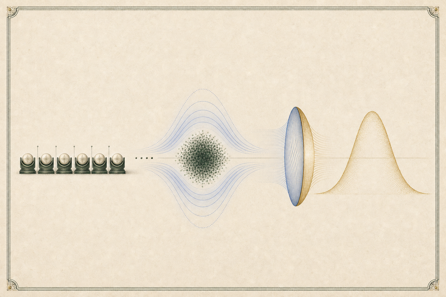 The recurring cobalt Fourier ring passes through a gold Lévy lens and opens into one fully resolved standard Gaussian bell while the finite normalized cloud remains distinct.