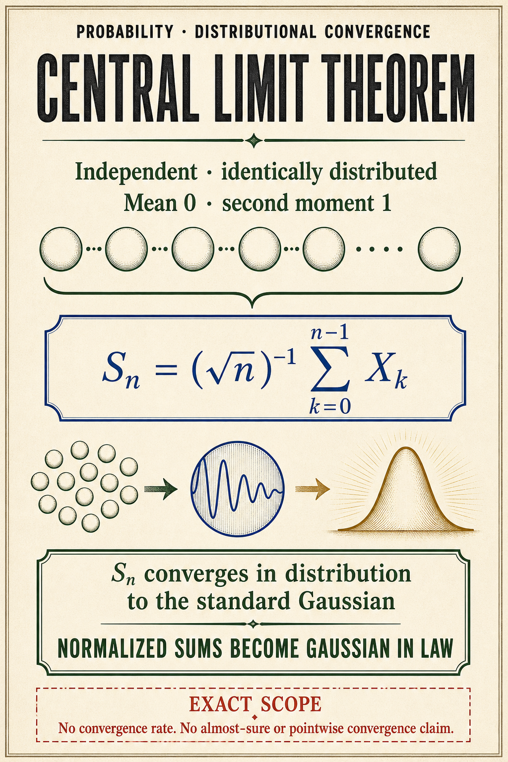An ivory probability poster shows blank input beads, the inverse-square-root normalized sum, an unlabeled characteristic-function wave, a gold Gaussian bell, and the exact distributional scope.
