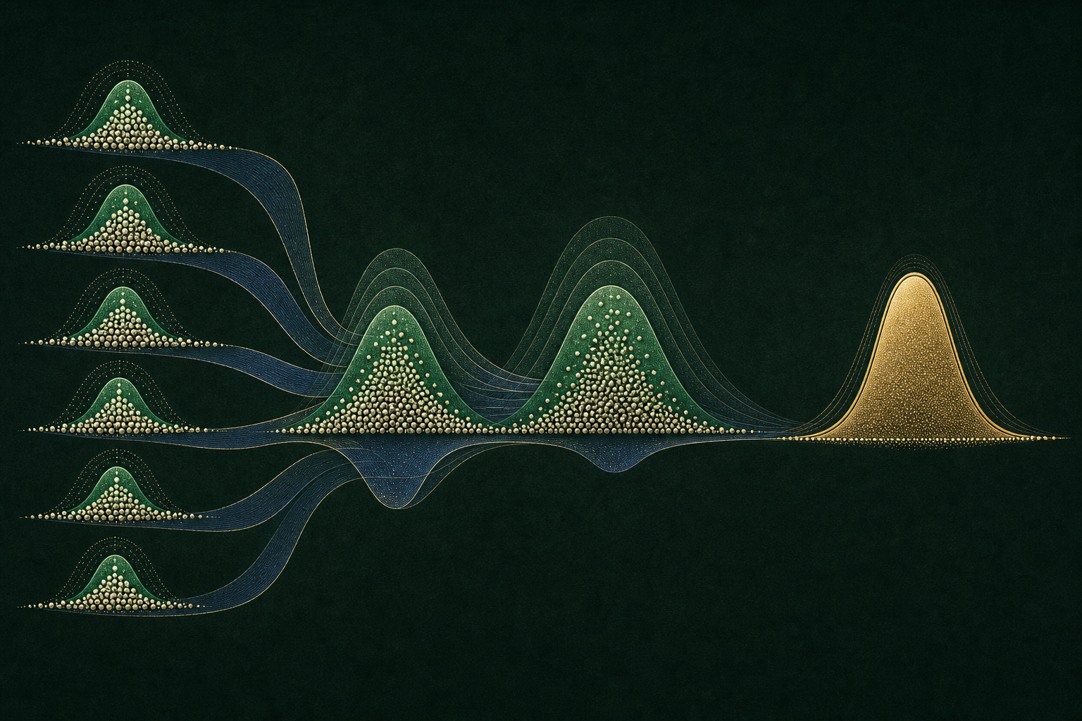Several identically distributed green inputs pass through a cobalt normalized-sum chamber and converge toward one centered gold Gaussian bell.