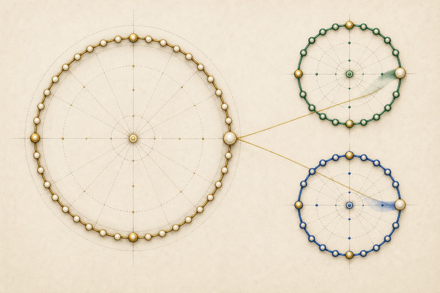 One antique-gold product-residue wheel sends a selected ivory bead along two fine threads to matching positions on an emerald wheel and a cobalt wheel.