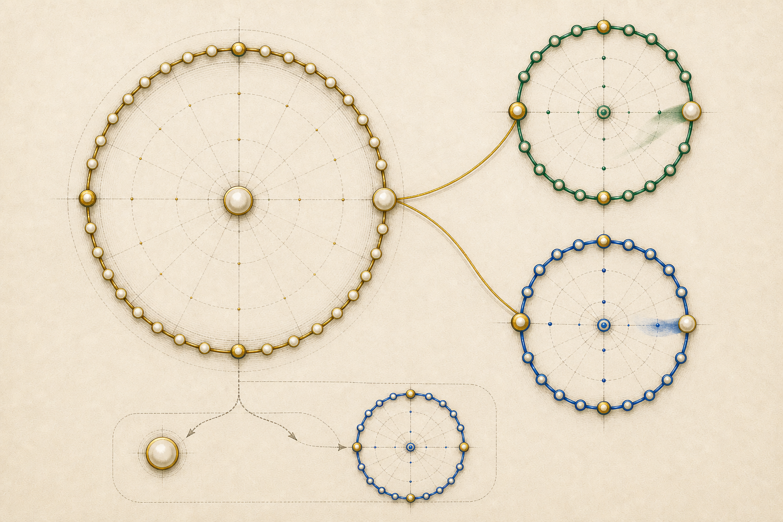 The same three residue wheels remain aligned while the component positions reconnect to one product position, with a quiet lower alcove separating the degenerate branch.