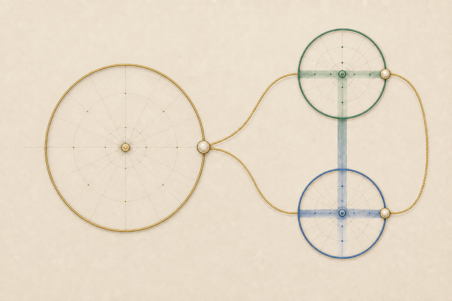The product bead and its two component beads close into a continuous correspondence while translucent cross-bands isolate their matching positions and two finite populations balance below.