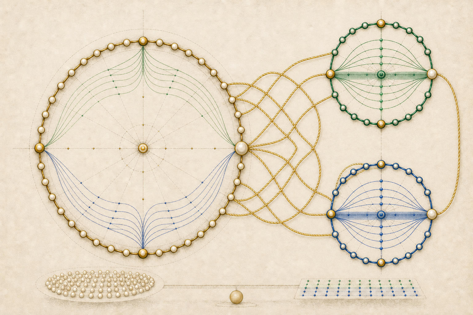 The same product wheel and ordered factor wheels are joined by an arrow-free woven braid, while paired construction rhythms appear on the product and both components.