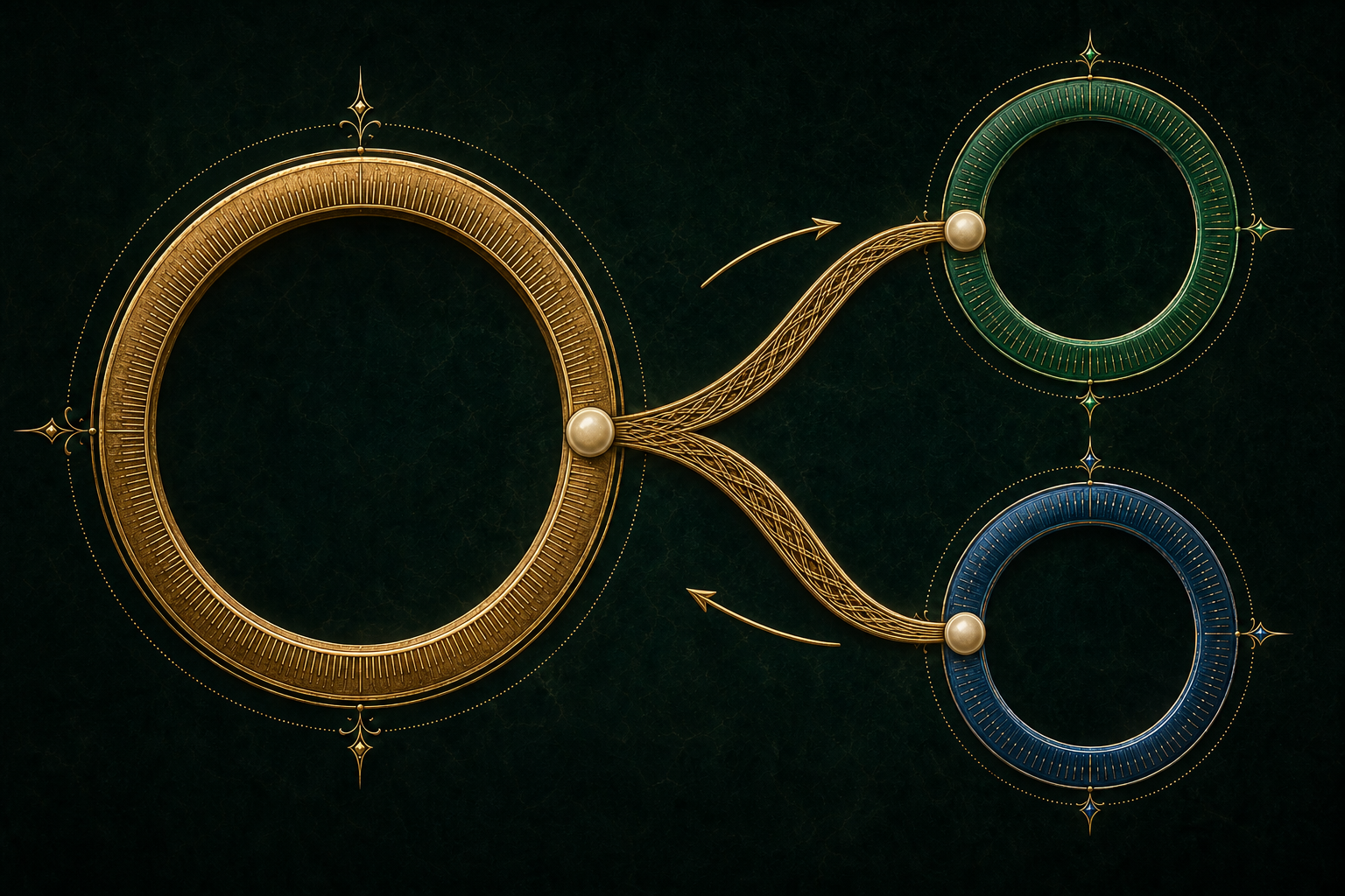 One antique-gold residue wheel connects reversibly to an ordered emerald and cobalt pair of residue wheels through a selected three-part correspondence.