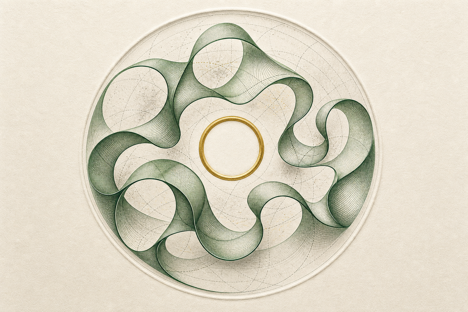 An engraved forest-green polynomial ribbon folds across a circular complex-plane disk while flowing around an empty antique-gold socket.