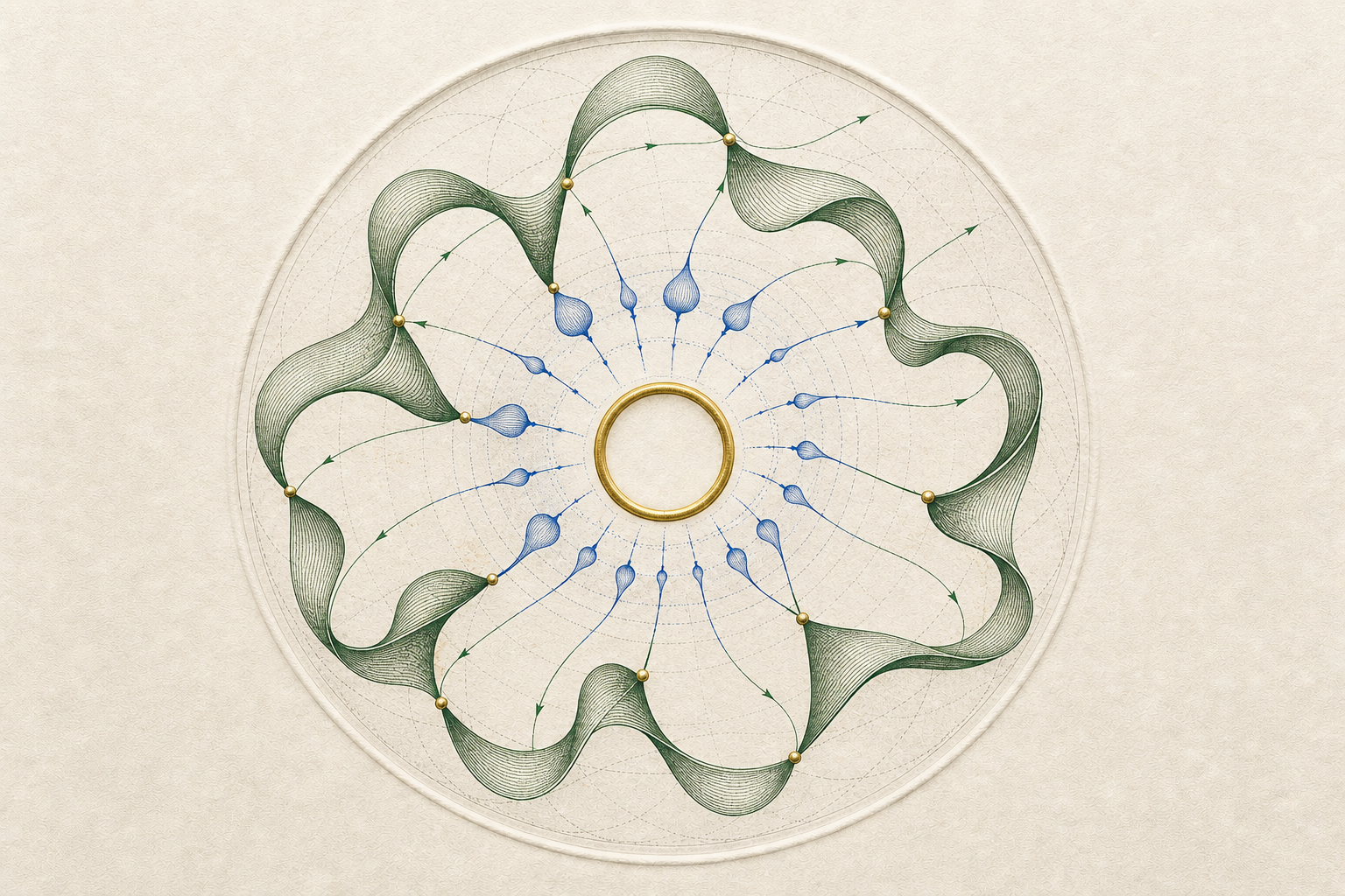 On the recurring complex-plane disk, green polynomial waves expand outward while blue reciprocal droplets contract inward toward an empty gold socket.