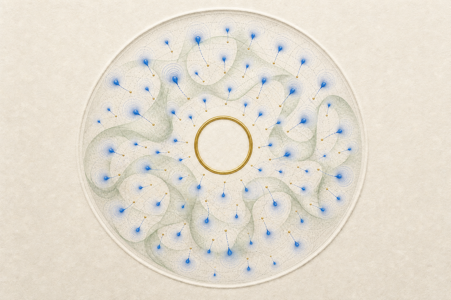 Blue reciprocal droplets distributed across the recurring disk collapse toward uniform tiny gold points over a faint green ribbon field.