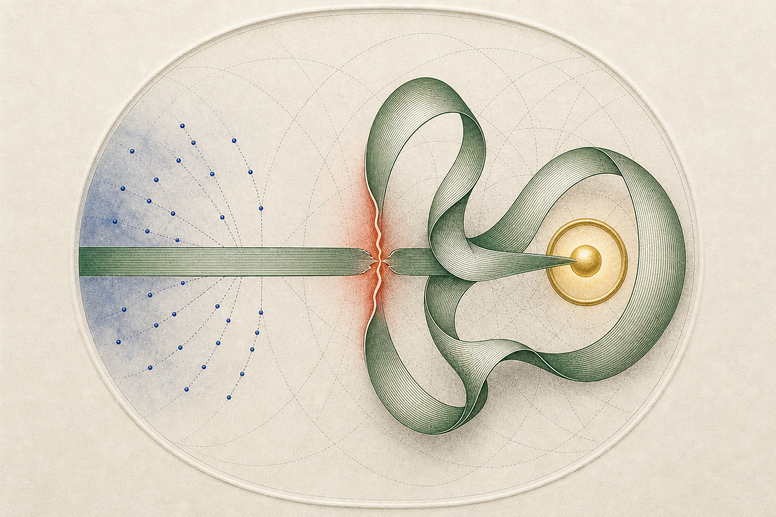 A flat green strip meets a single vermilion fracture, then opens into a folded green ribbon touching one luminous point inside the recurring gold socket.