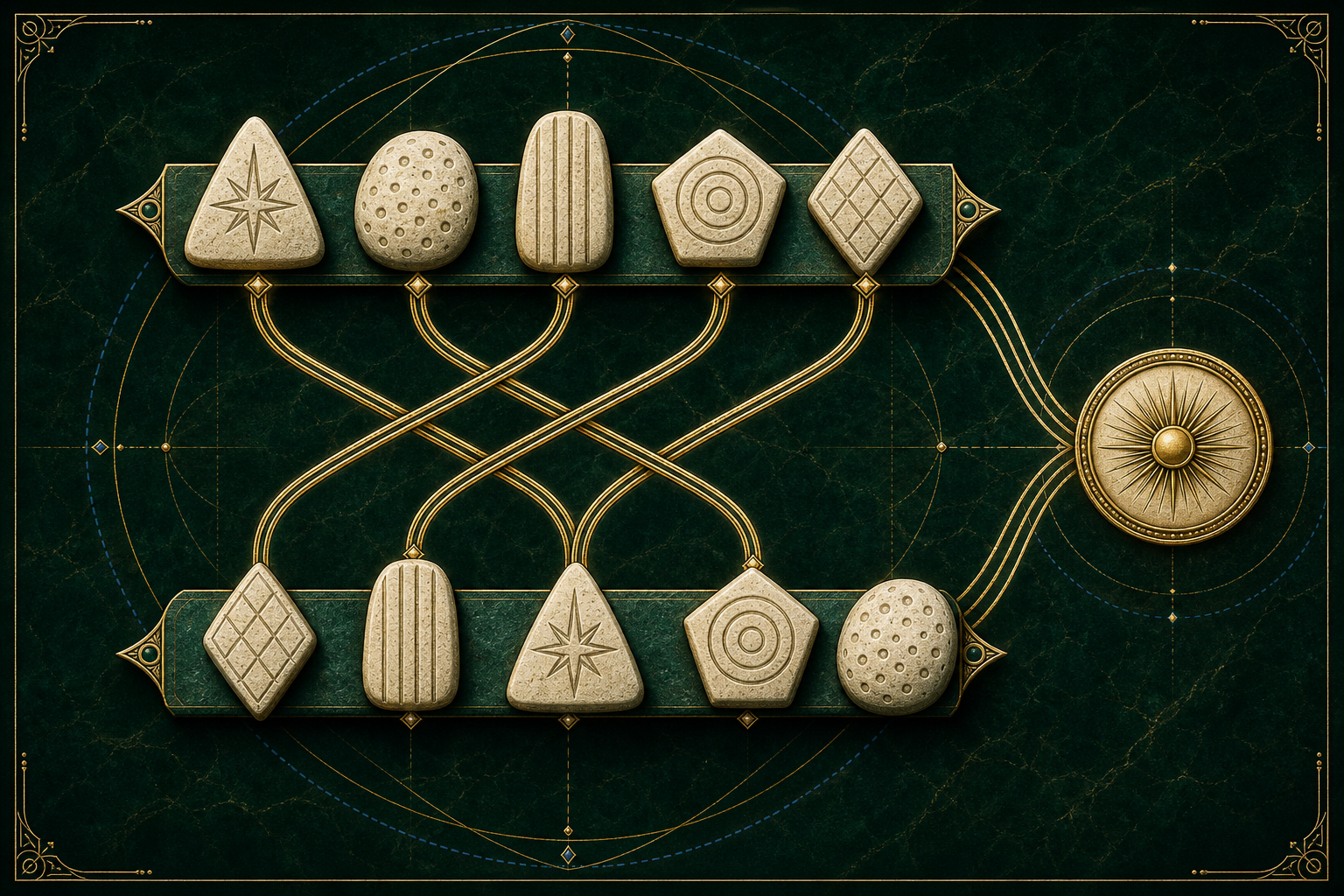 Five distinct engraved stones follow gold permutation paths to the same five stones rearranged below.