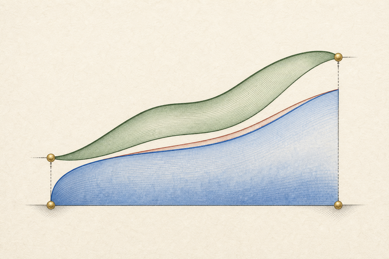 A forest-green function ribbon rises between two gold endpoint pairs above a cobalt integral basin, with a thin vermilion margin separating the compared endpoint quantities.