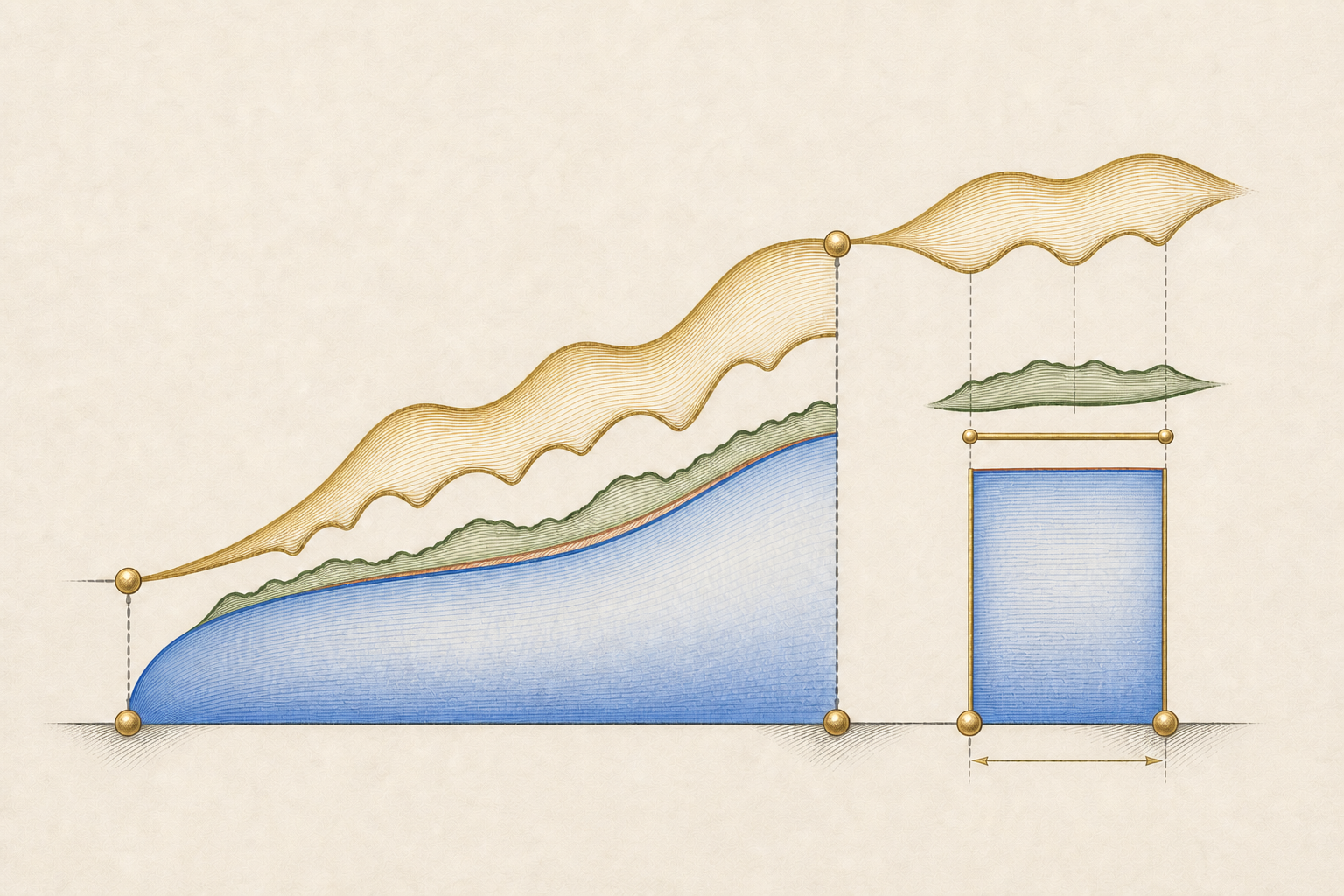 A narrow slice to the right of the frontier places a thin gold comparison blade below a separate broad gold majorant canopy and above a matching gold rectangle contained inside the cobalt integral slice, while the green ribbon remains distinct.