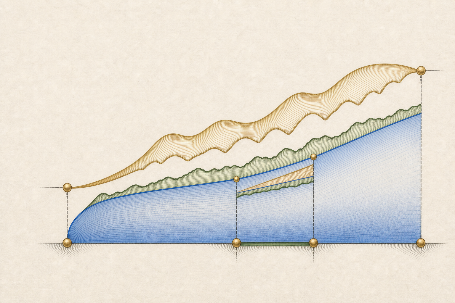 A distinct antique-gold majorant canopy remains above the green function ribbon while a thin gold comparison blade bounds one local rise and the frontier advances one step across the continuous cobalt basin.