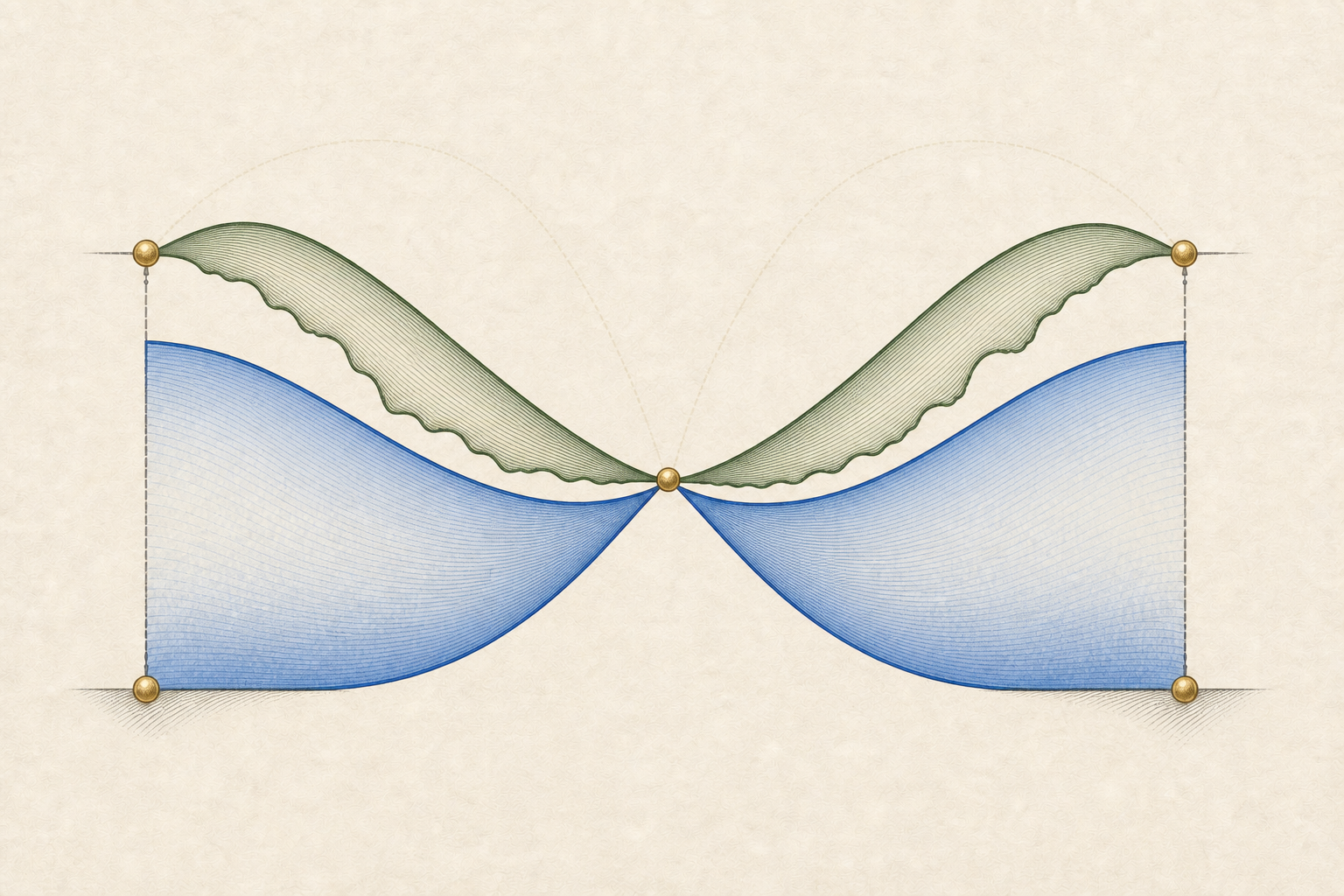 A green upper ribbon and cobalt lower basin meet their finely hatched mirrored counterparts at one central gold closure, with no remaining vermilion gap.
