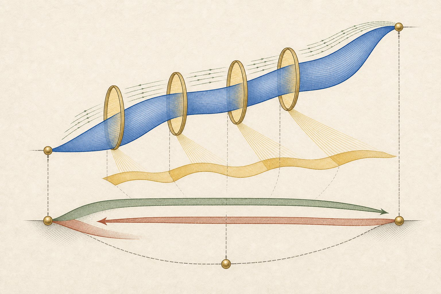 A cobalt vector ribbon passes through four gold optical apertures that cast consistent gold scalar shadows, while oppositely oriented green and vermilion interval strokes reconcile below.