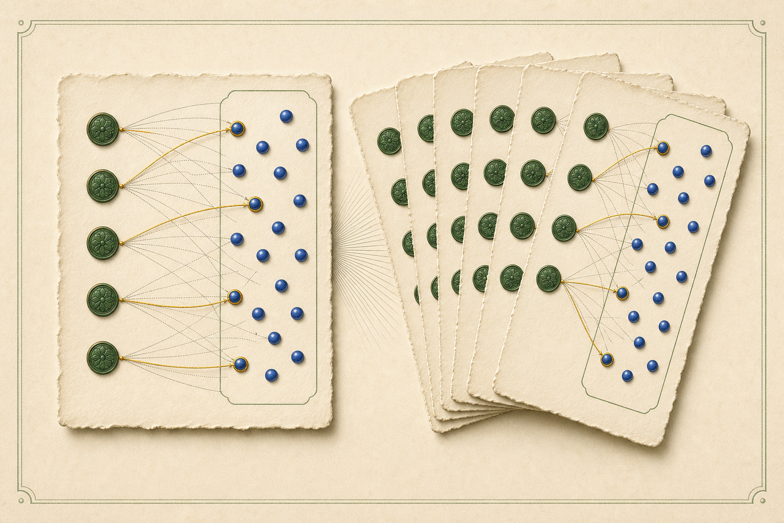 Ivory cards pair green index medallions with distinct blue candidate beads, while a finite fan shows several valid local matchings.