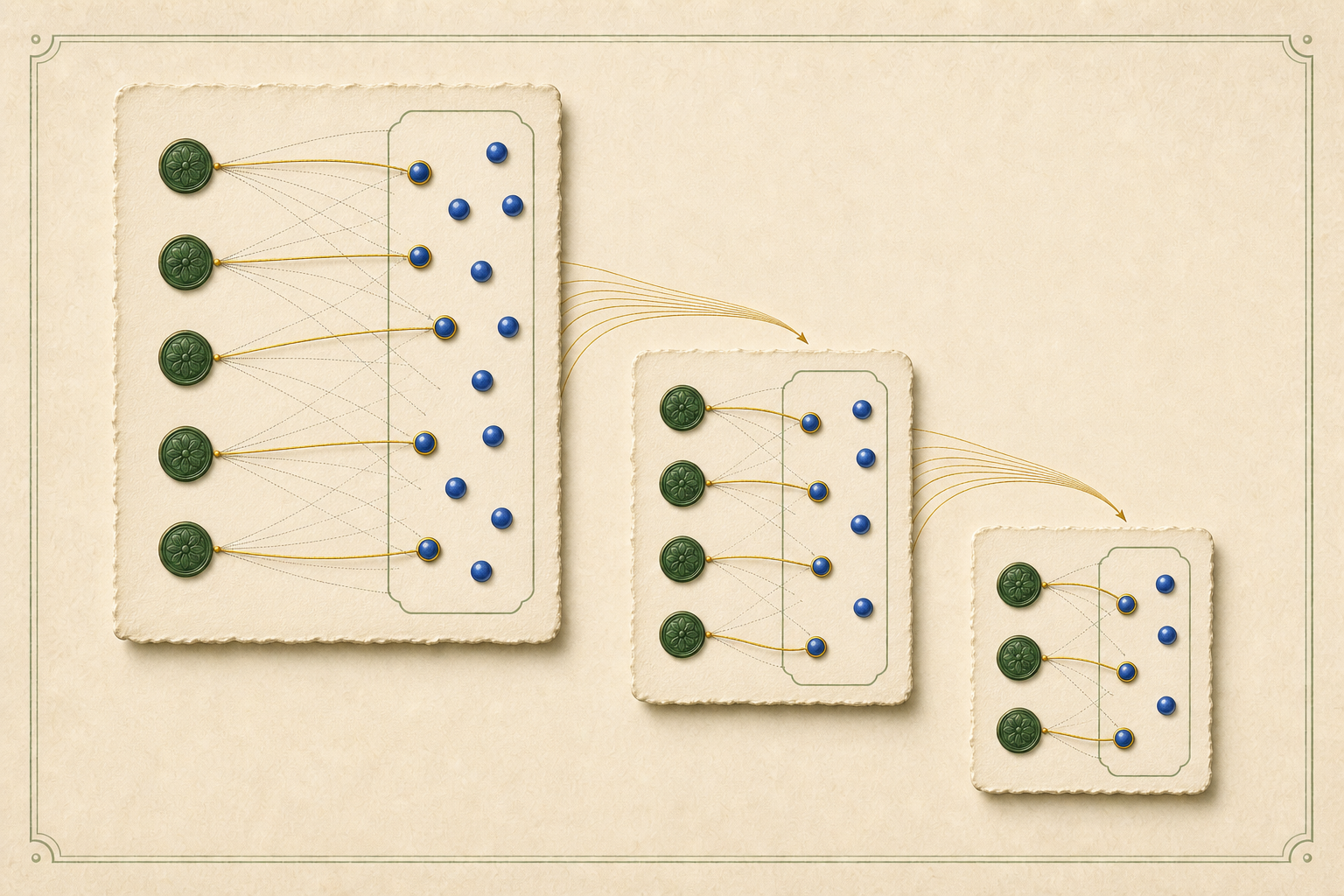 Three descending ivory cards preserve the same selected gold threads as green medallions and blue beads are removed by restriction.