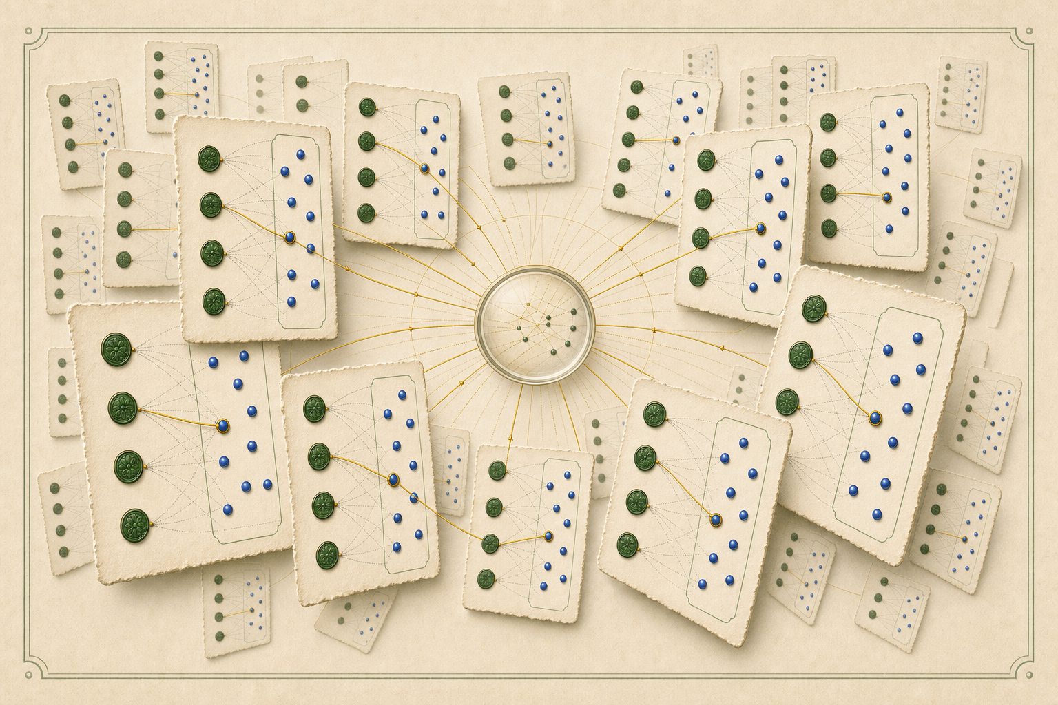 Many finite matching cards surround a central archival lens, with gold restriction paths aligning their selected threads into one coherent family.