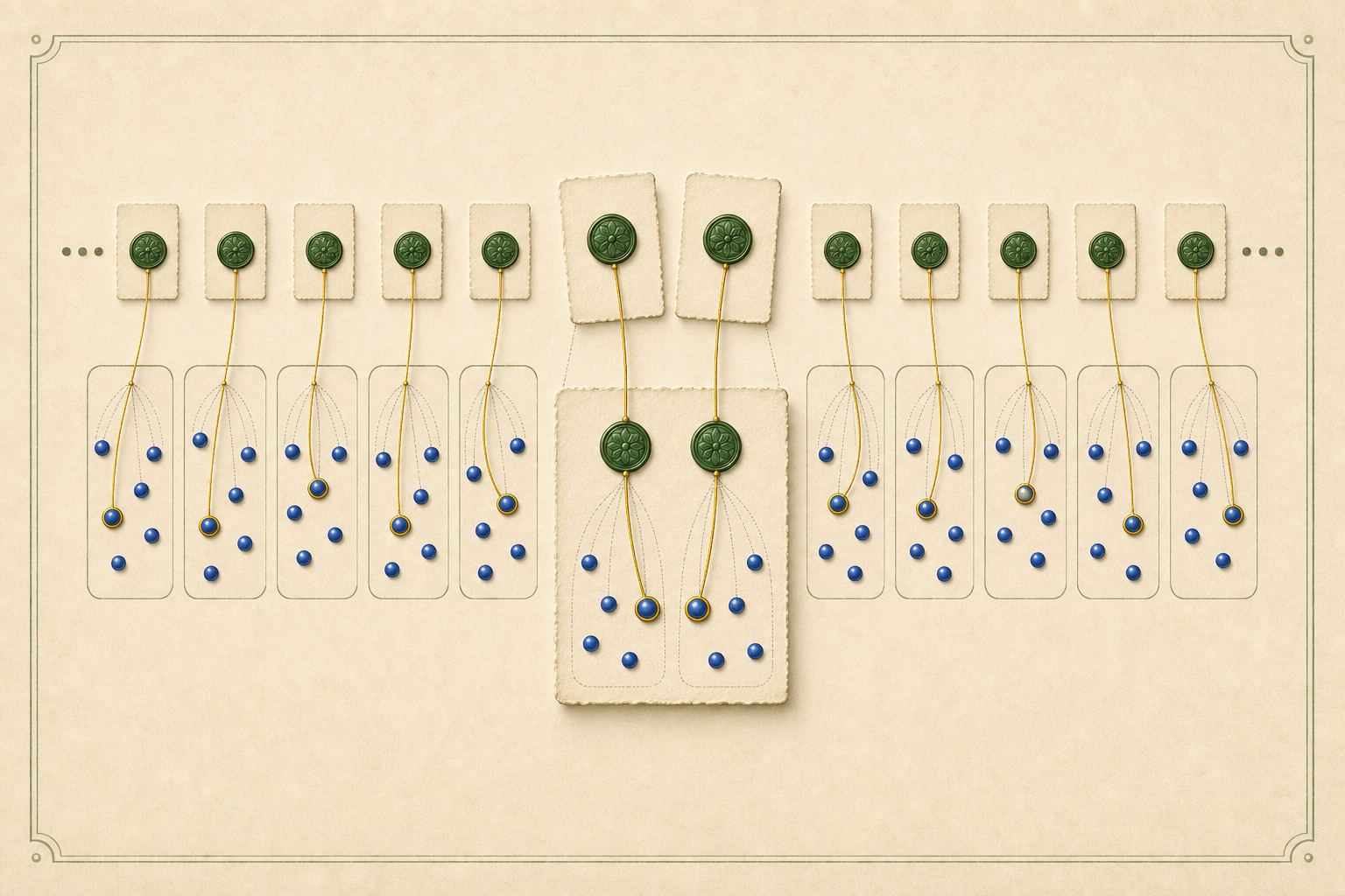 Inset singleton cards feed selected gold threads into one centered two-index card, with every thread terminating at a distinct allowed blue bead.
