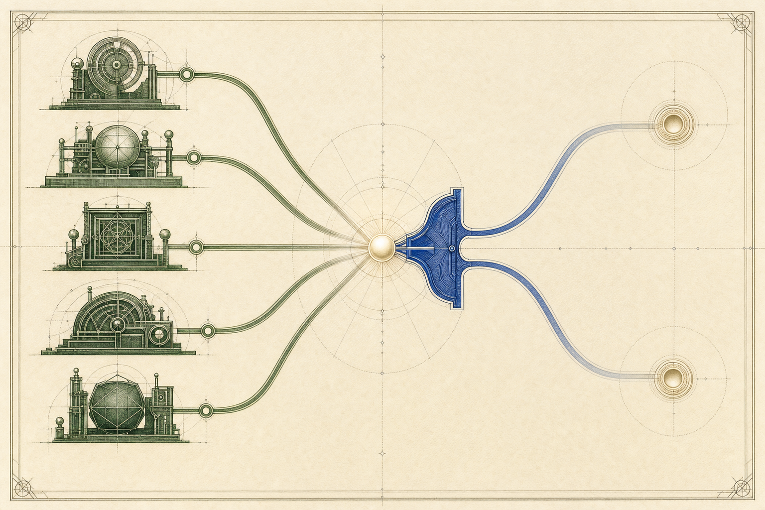 Several engraved green code mechanisms meet one fixed ivory input bead and enter a cobalt two-way classification gate.