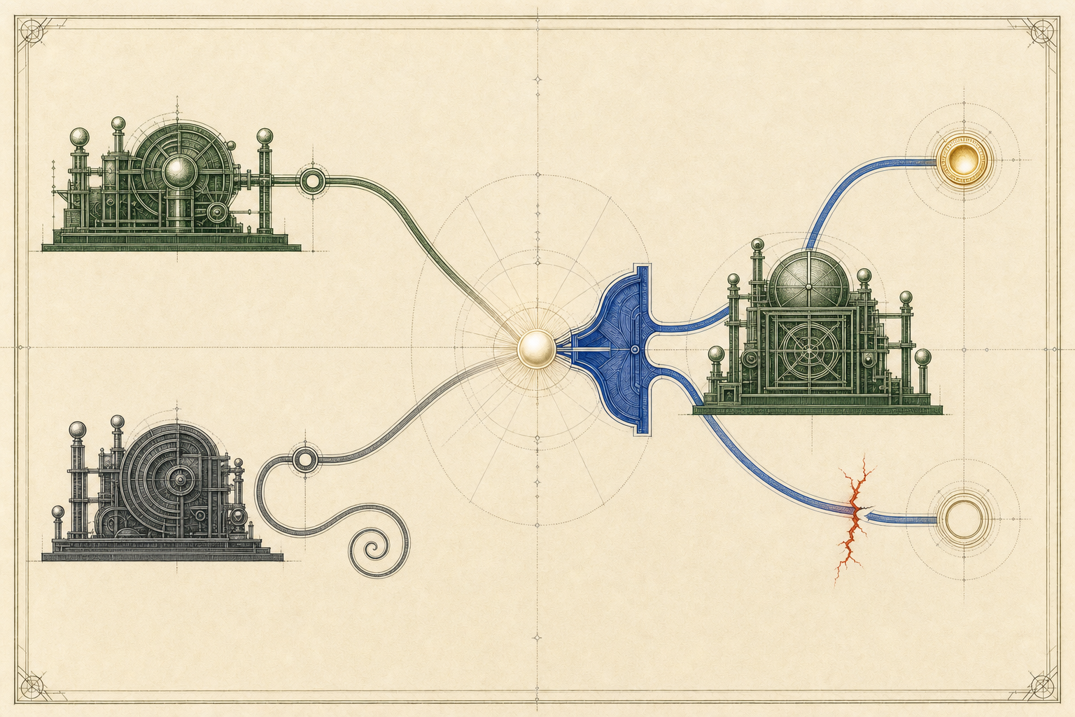 The same fixed input and classifier face an emerald trajectory ending at a gold point and a charcoal spiral that remains open, joined by one restrained red contradiction fracture.