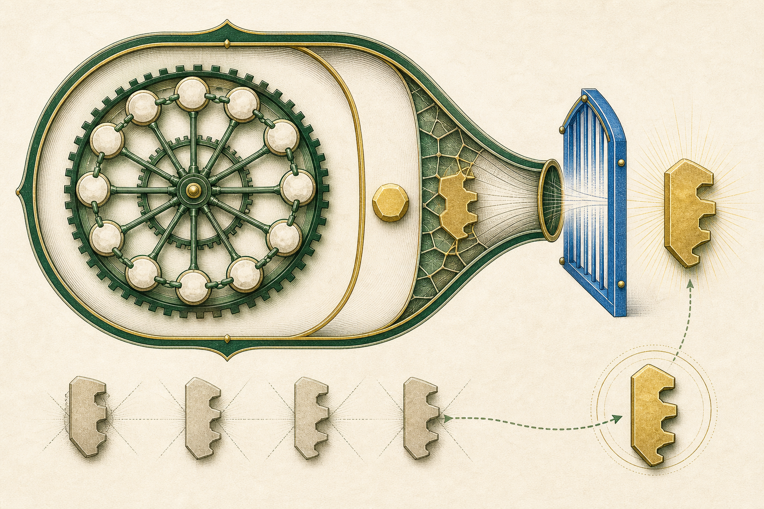 A finite forest-green factorial wheel and one separate gold pebble enter a selection vessel, from which a luminous three-notched gold key emerges beside a cobalt gate.