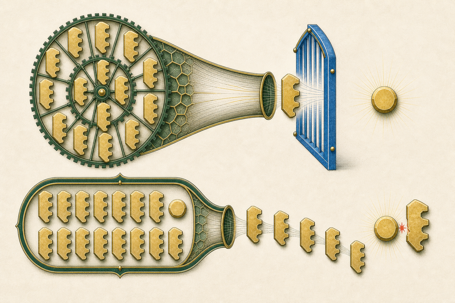 Identical three-notched gold keys tile a green factorial wheel and its successor vessel, then one intact key meets a single gold pebble across a tiny vermilion mismatch spark.