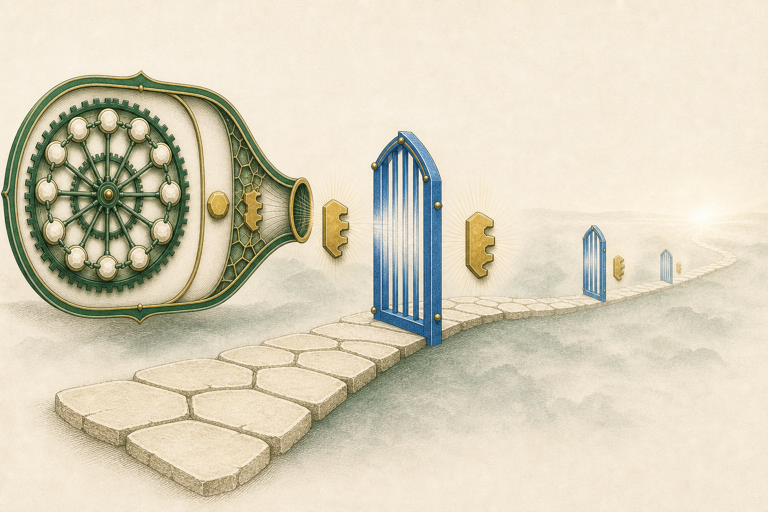The recurring factorial wheel releases a three-notched gold key beyond a tall cobalt threshold gate, with fainter gates and gold keys continuing along an open stone path.