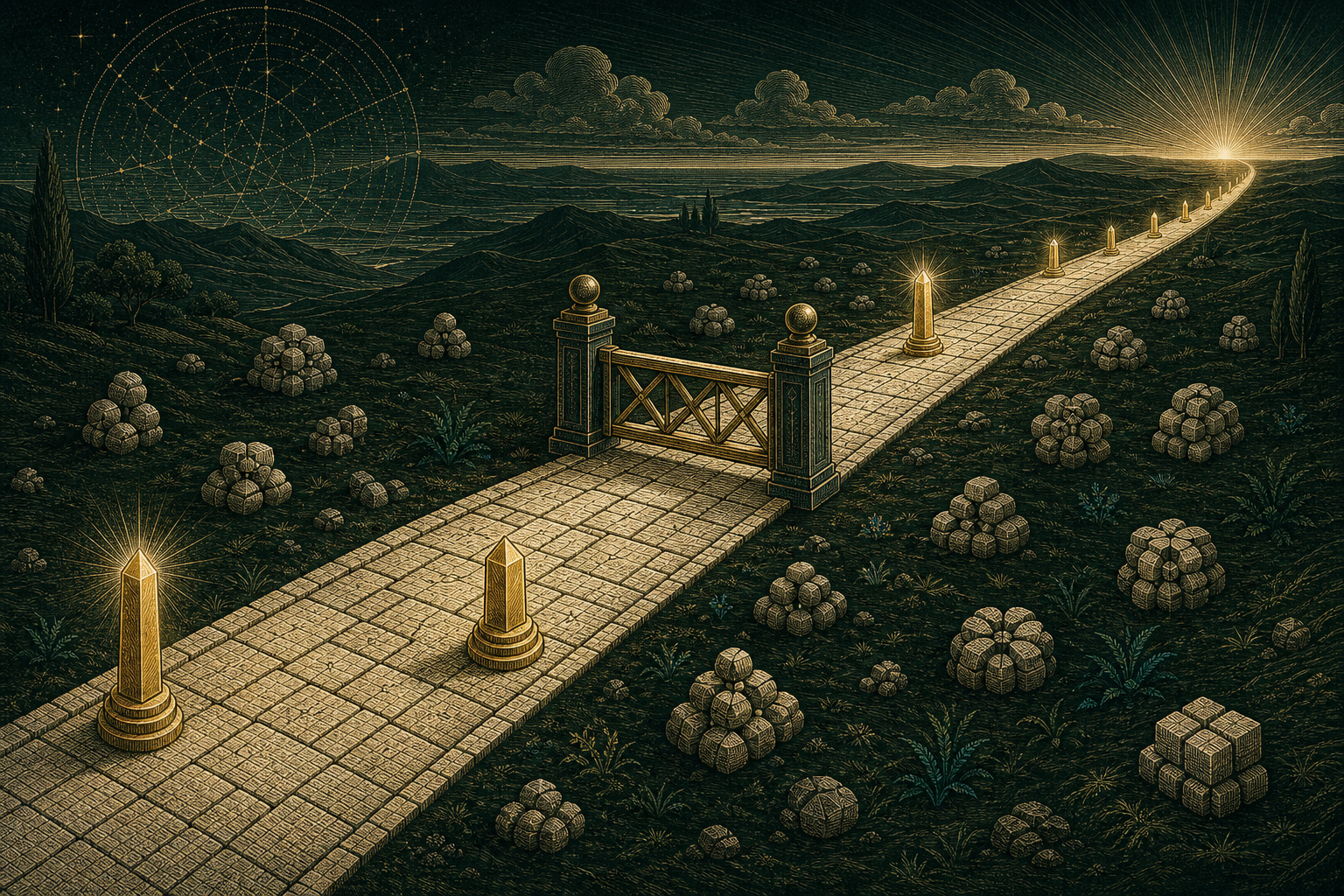 A stone path passes a gate and continues toward an open horizon, marked by isolated gold beacons among irregular composite piles.
