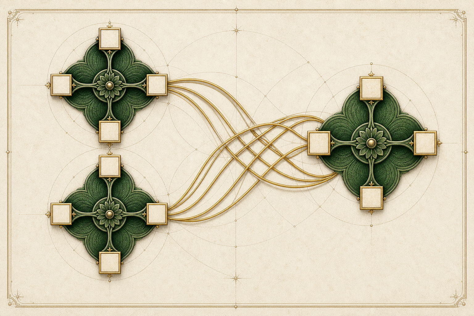 Two four-armed engraved rosettes with square ivory tips enter an antique-gold braid and emerge as one four-armed rosette.