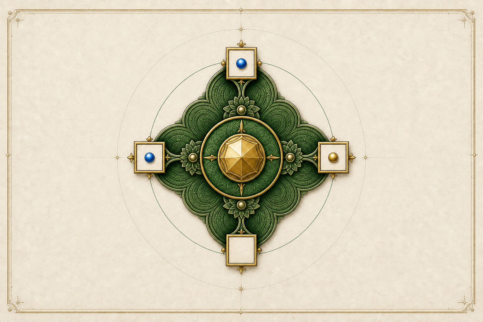 A four-armed representation rosette surrounds a faceted antique-gold prime token and an emerald multiplier collar prepared for descent.