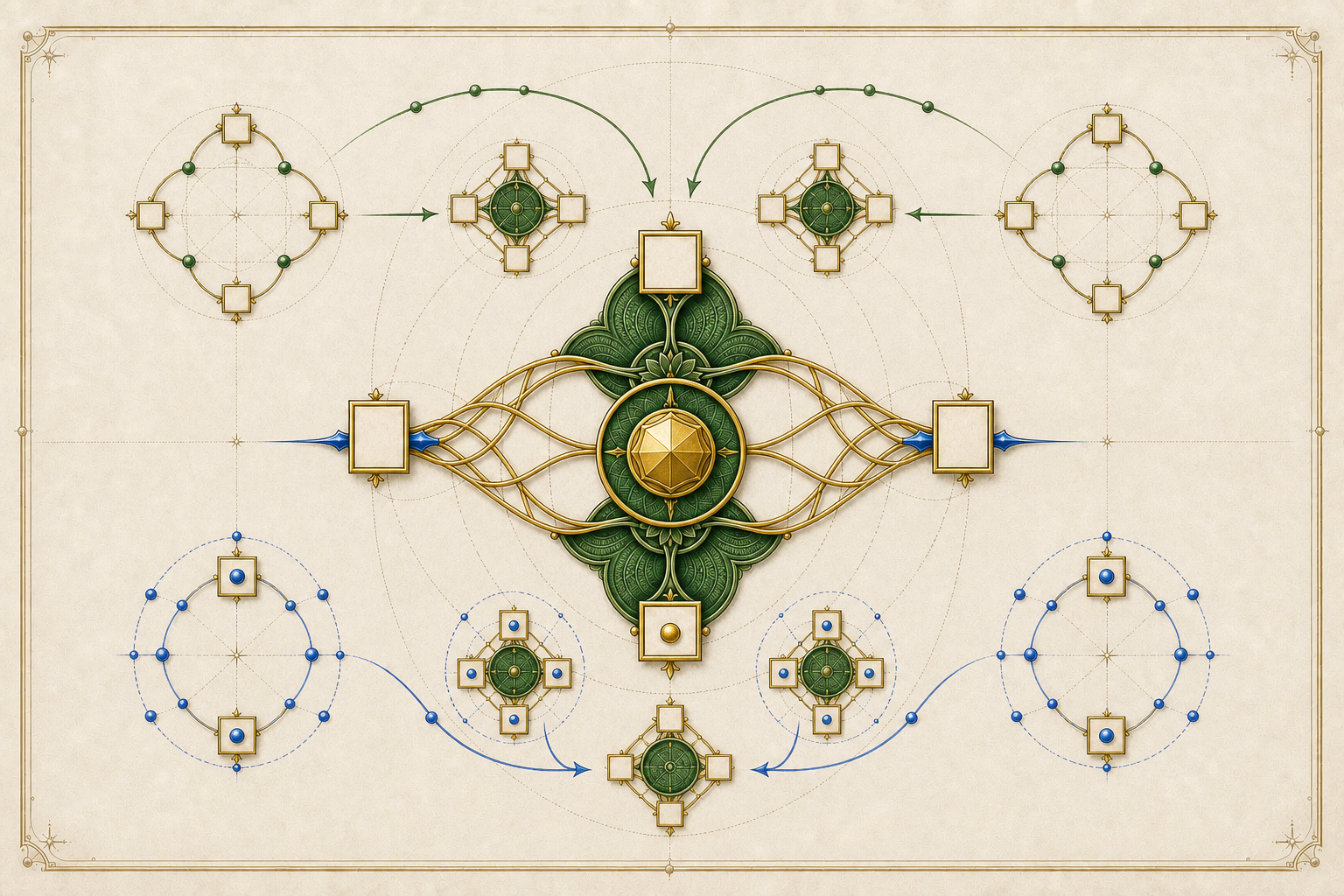 Cobalt residue beads move within the four square tiles while nested emerald collars shrink concentrically around the same gold prime token.