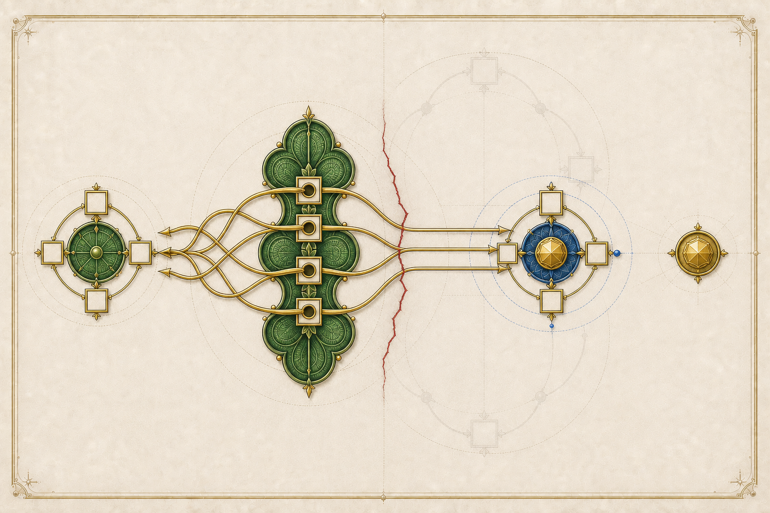 The reduced four-armed rosette and original representation rejoin through the gold Euler braid, leaving the prime token at a unit-sized collar beside one restrained red minimality fracture.