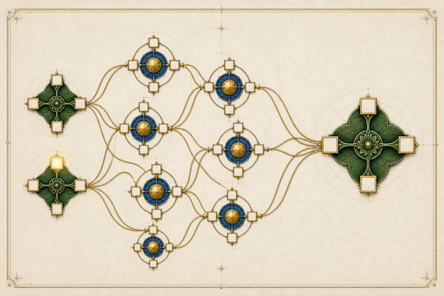 Several four-armed prime rosettes combine through recurring gold braids into one final complete four-square rosette, with blank ivory tiles allowed.