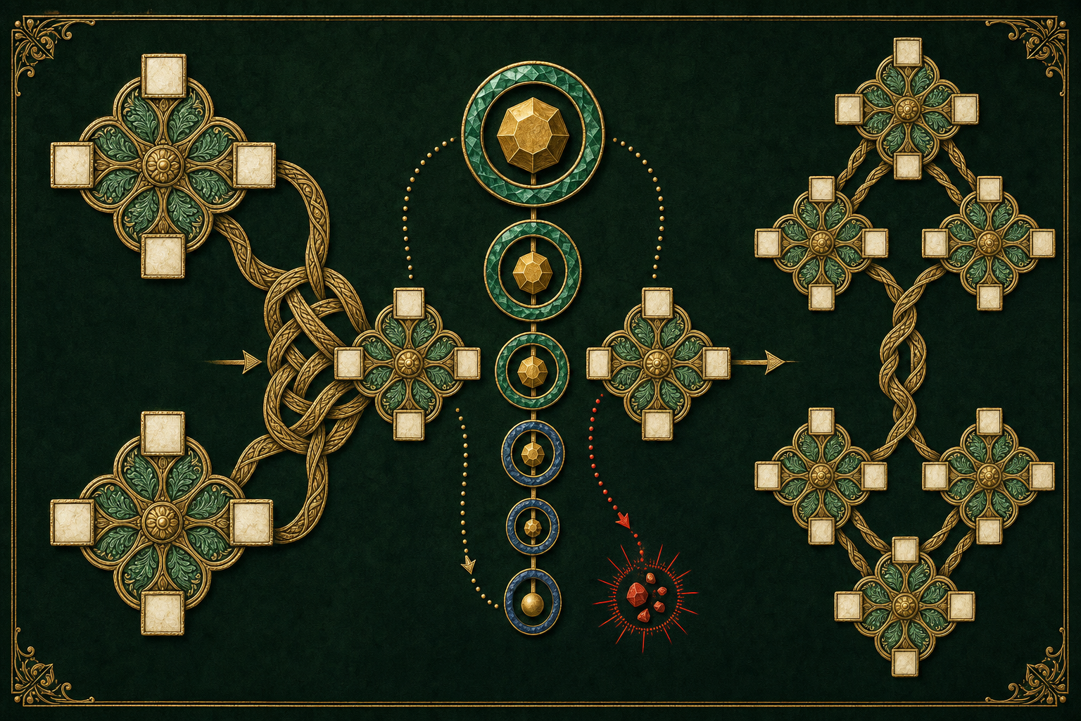 Four-armed square-tipped rosettes combine through a gold Euler braid while nested multiplier collars descend around one prime token before final multiplicative assembly.