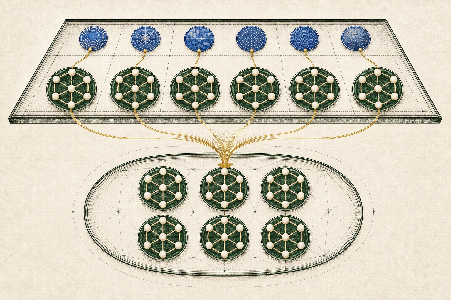 Cobalt quotient medallions pair by gold threads with identical seven-node forest-green subgroup rosettes, which assemble inside one oval ambient-group field.