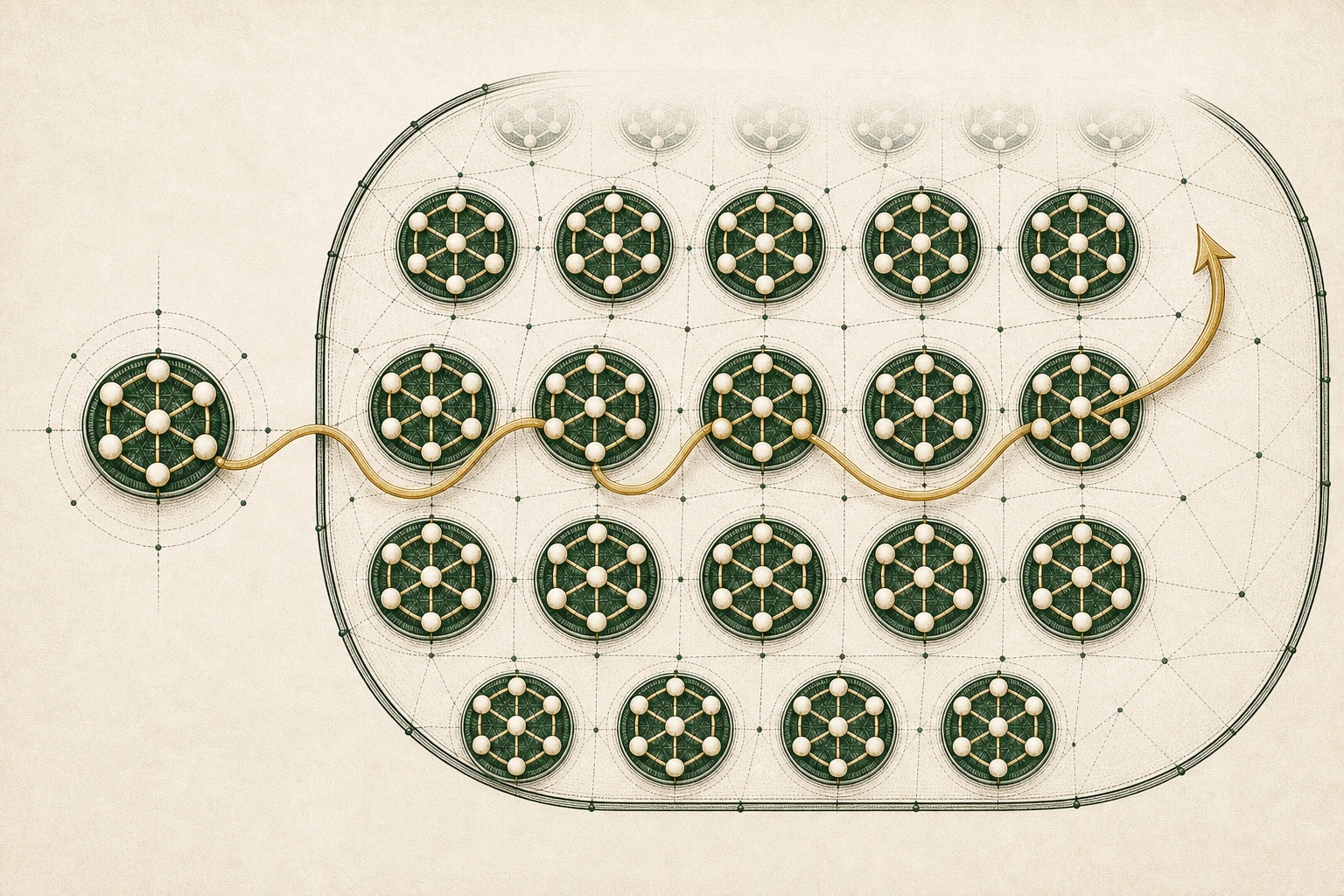 One seven-node green subgroup rosette feeds a gold path through a field assembled from identical whole rosettes, with a faint row continuing near the upper boundary.