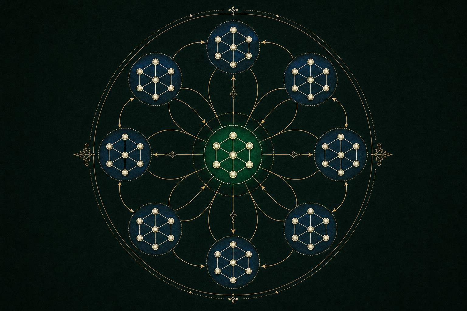 One emerald subgroup cluster is surrounded by seven congruent cobalt clusters that tile a larger circular group.