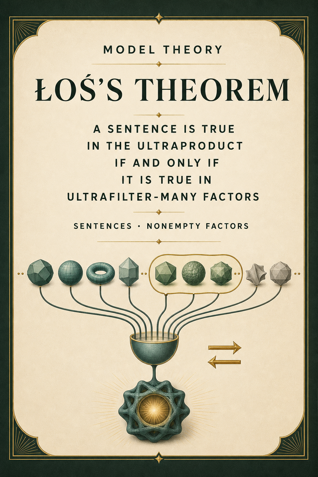 An ivory and forest-green theorem poster states that a sentence is true in the ultraproduct exactly when it is true in ultrafilter-many factors, above a family of structures feeding one quotient construction and a two-way truth seam.