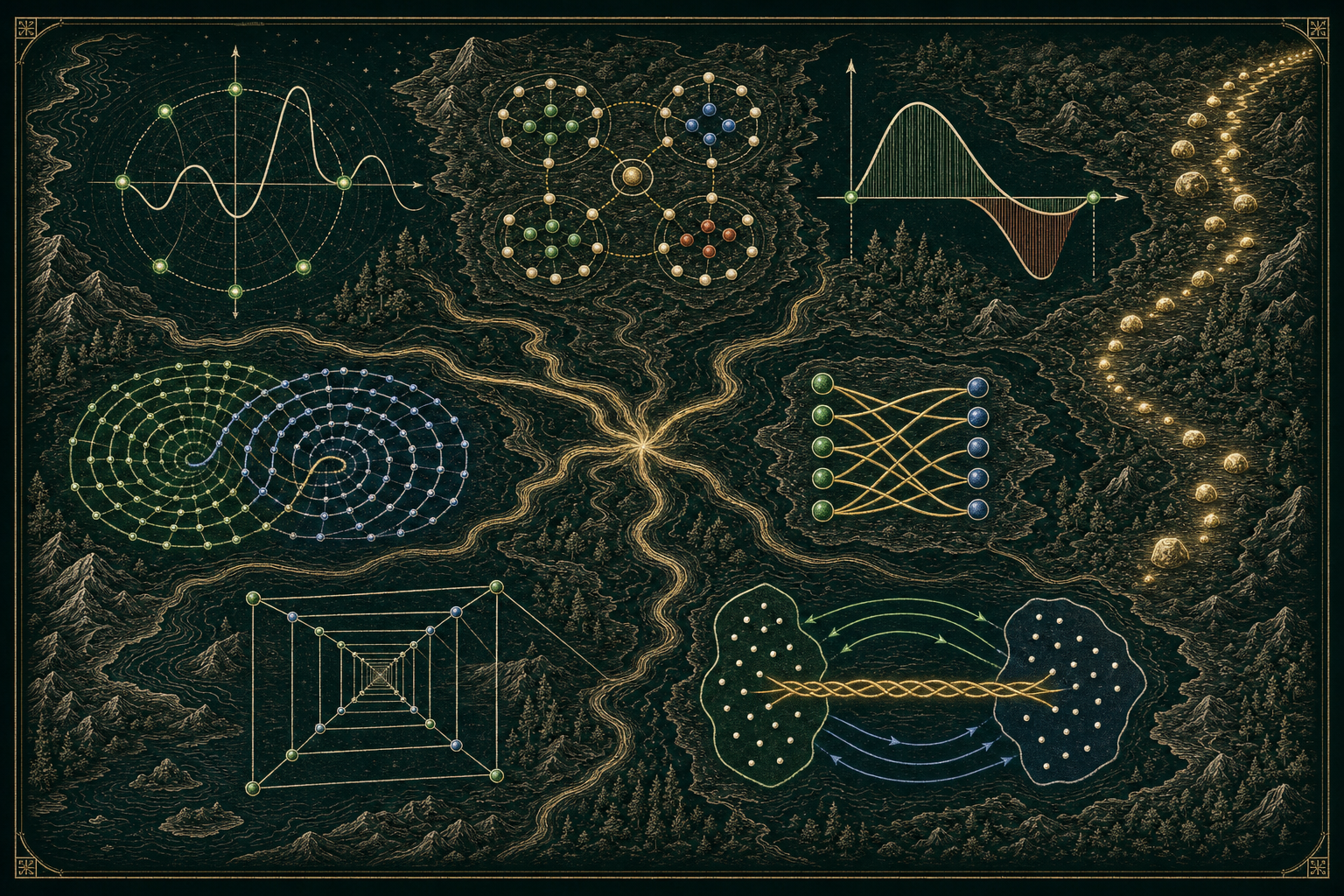 An engraved mathematical landscape joins eight motifs: a complex root, equal coset clusters, signed area, prime beacons, reciprocal residue circles, a matching, a compact product, and a bijection.