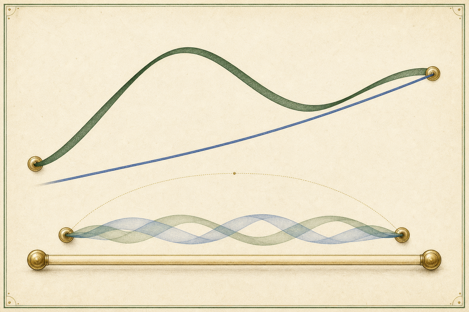 A green function ribbon and cobalt identity strand weave into an auxiliary ribbon whose two gold endpoint sockets sit at equal height.