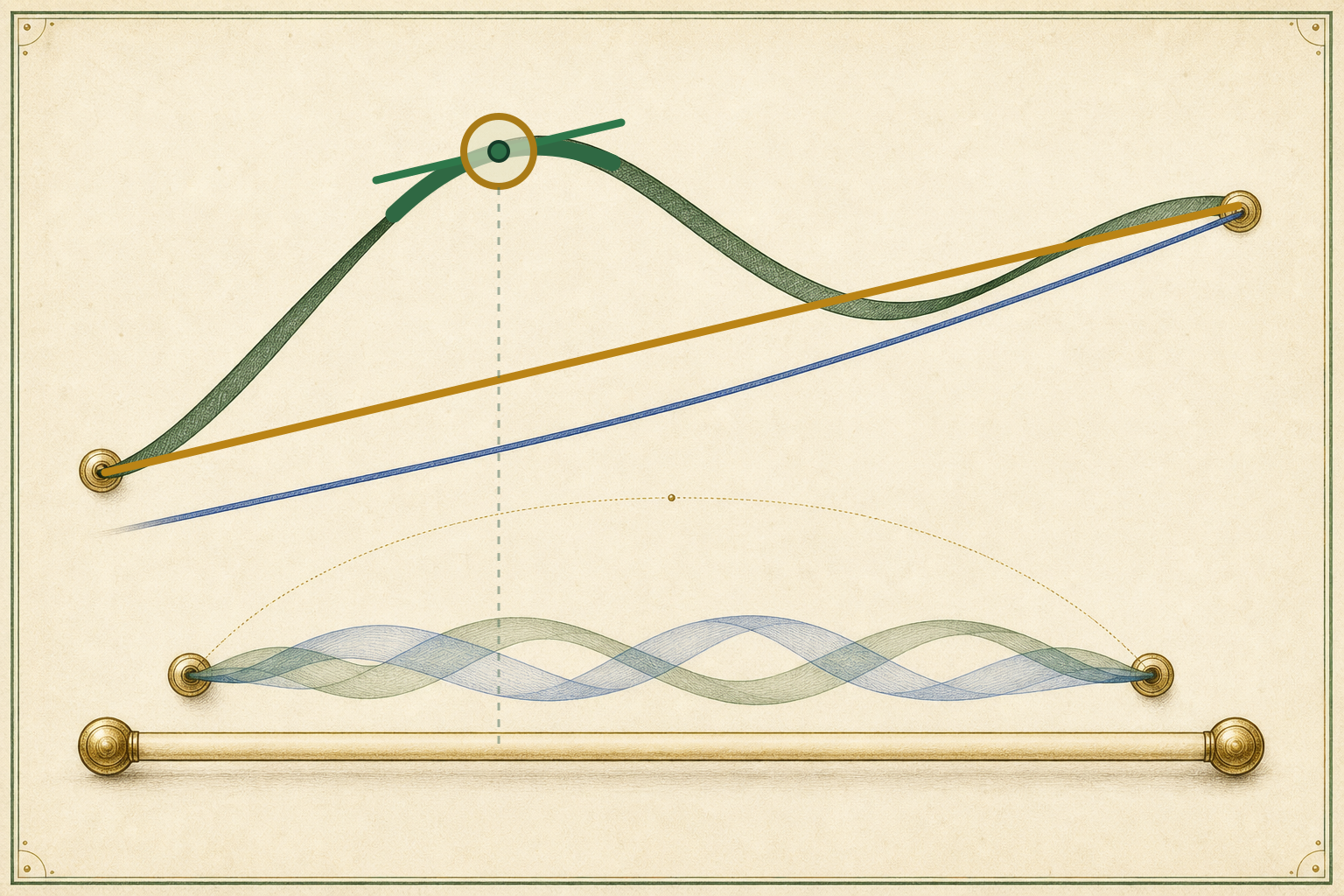 A nonlinear green curve crosses an interior emerald witness where its green tangent is exactly parallel to the gold chord joining the endpoint values.
