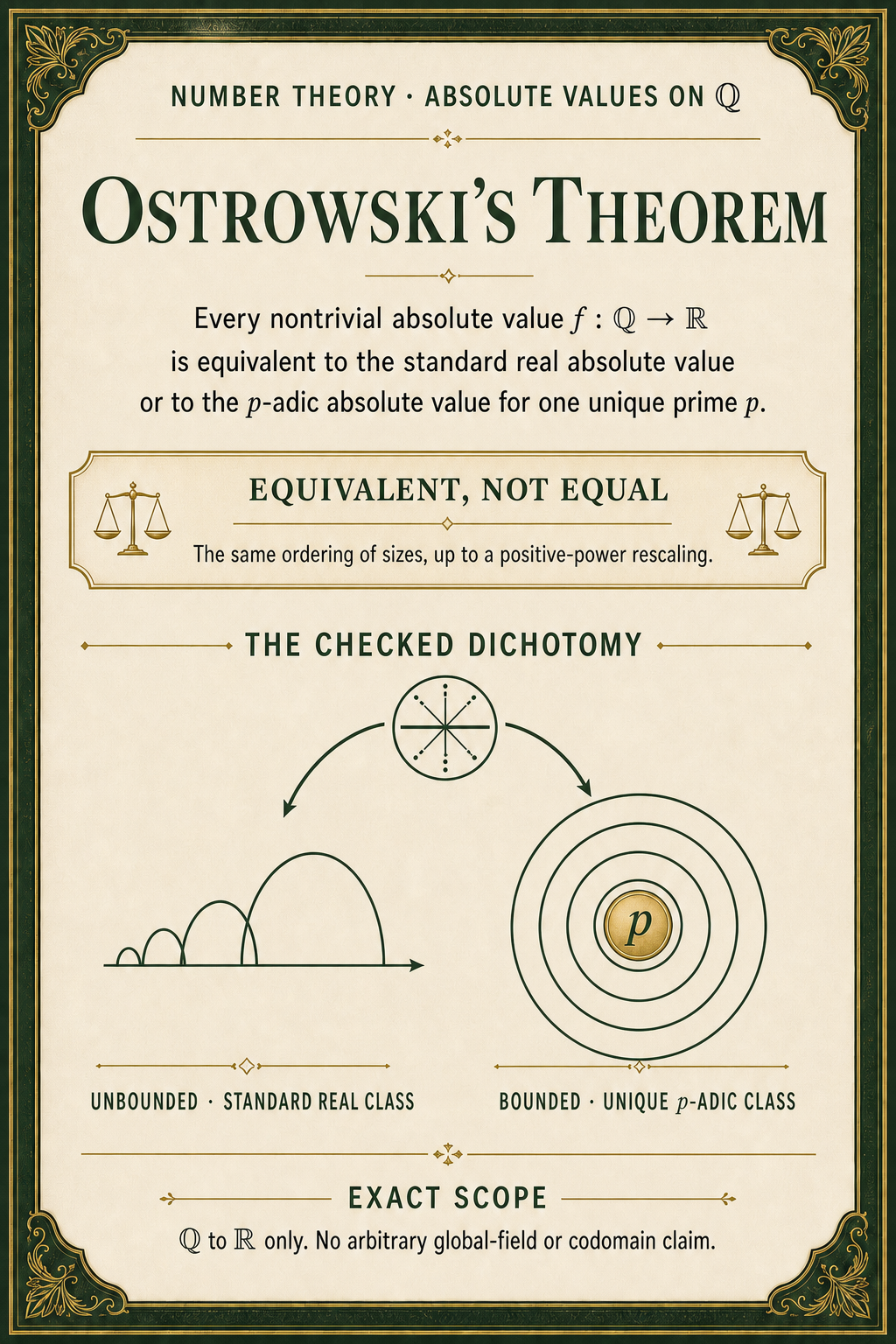 An ivory number-theory poster states that every nontrivial absolute value from the rationals to the reals is equivalent, not equal, to the standard real absolute value or to the p-adic absolute value for one unique prime.