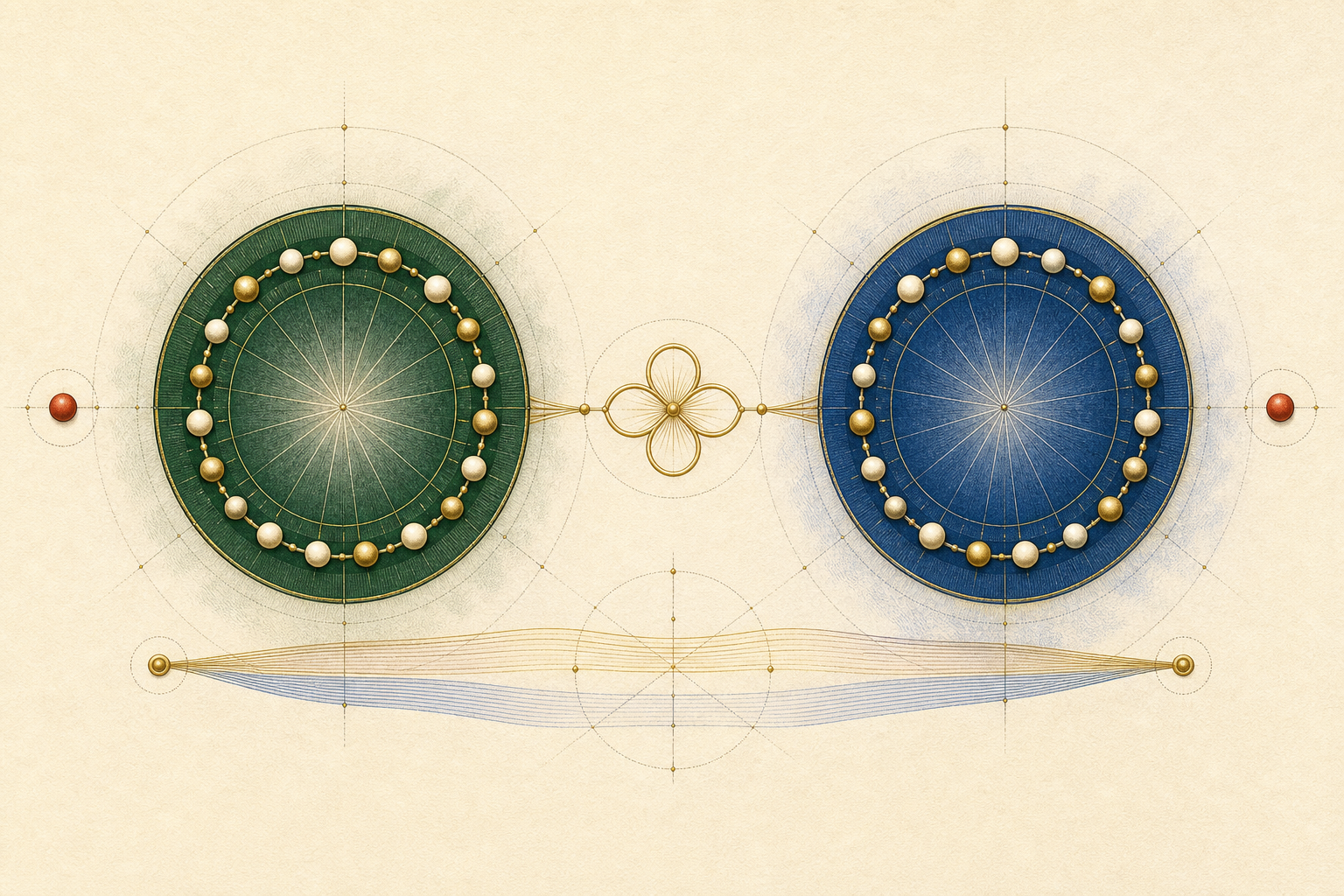 Matching green and blue prime-field wheels pass restrained red exceptional beads outside their odd residue orbits.