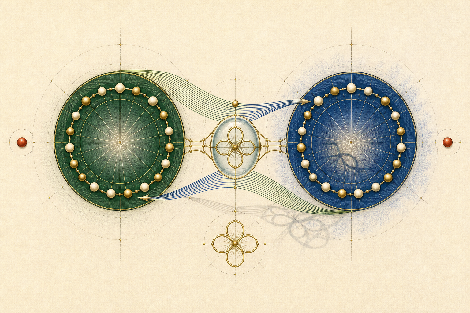 The same prime-field wheels exchange paired green and blue character ribbons through a glass lens around the gold sign rosette.